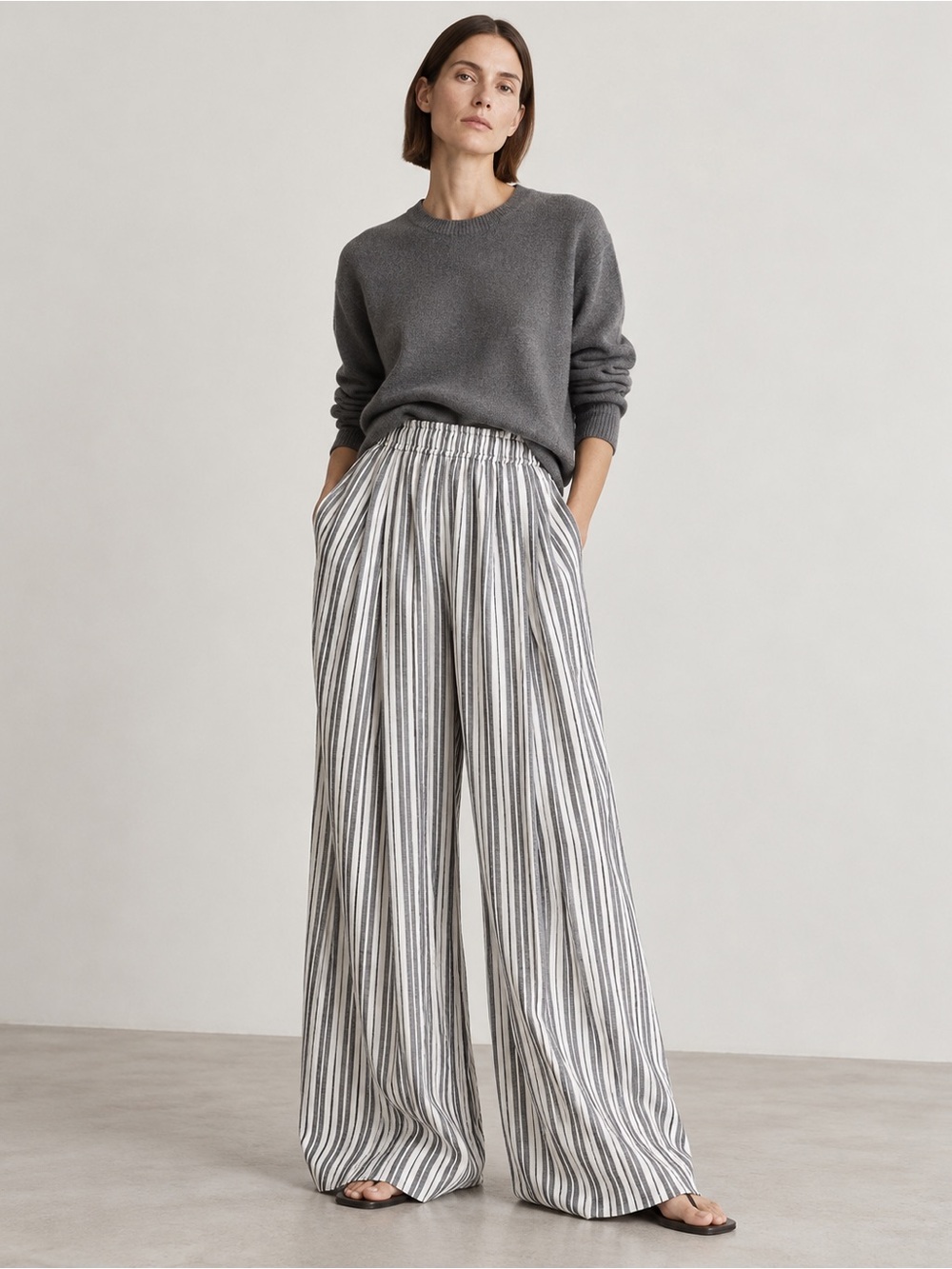 Apiece Apart Wide Leg Striped Linen-Blend Pants in Black and White Size M